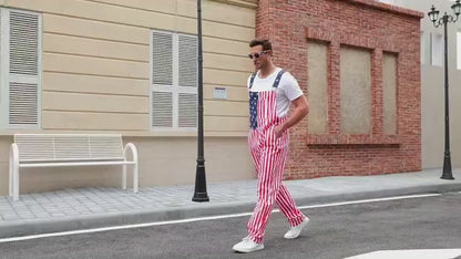 WORK IDEA Men's American Flag Overalls - 250th Anniversary Patriotic USA Stretch Cotton Bibs 4th of July