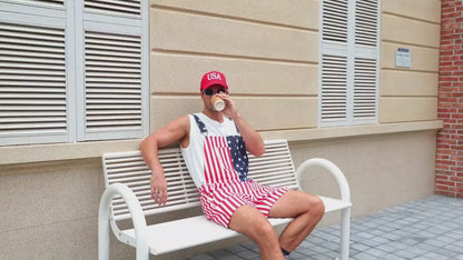 WORK IDEA Men's American Flag Overall Shorts - 250th Anniversary Patriotic USA Stretch Cotton 4th of July