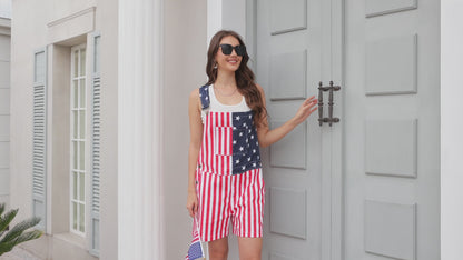 WORK IDEA Women's American Flag Overall Shorts - 250th Anniversary Patriotic USA Stretch Cotton 4th of July